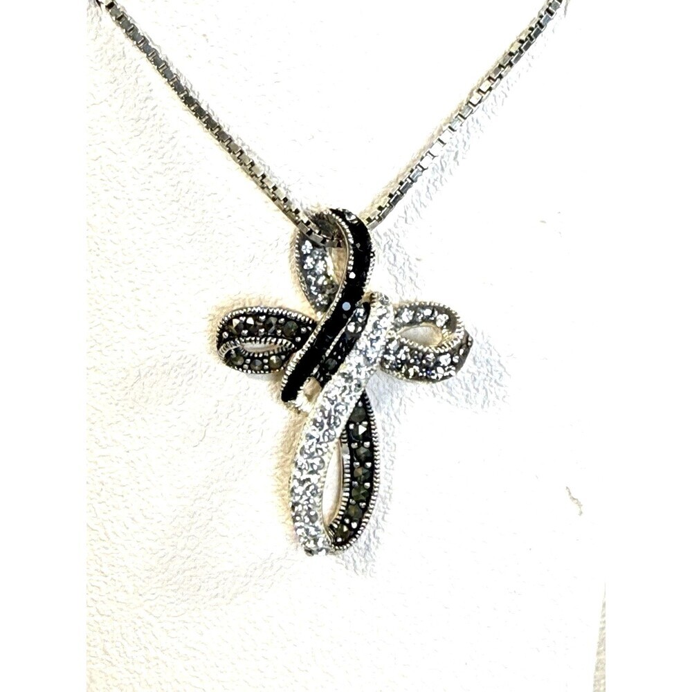 925 Sterling Silver Marcasite Infinity Ribbon Cross Necklace Italy Box Chain VTG